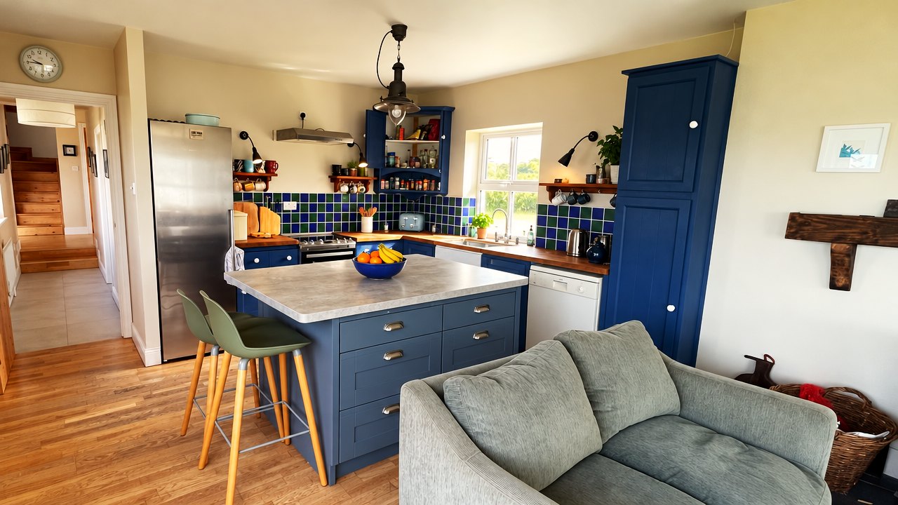 Kitchen with blue cabinets, an island with bar stools and a window over the sink