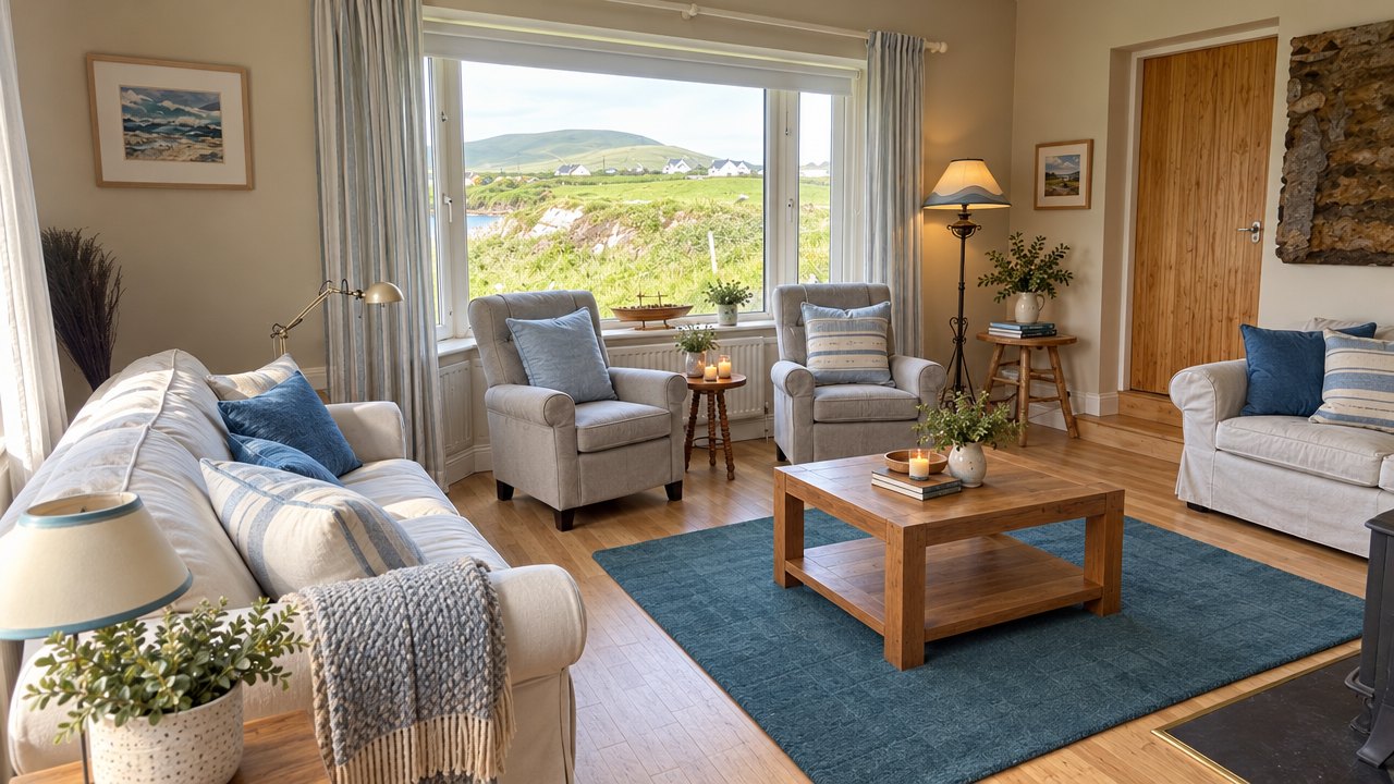 Sitting room with two armchairs in the bay window, a blue rug and a view of the green hills