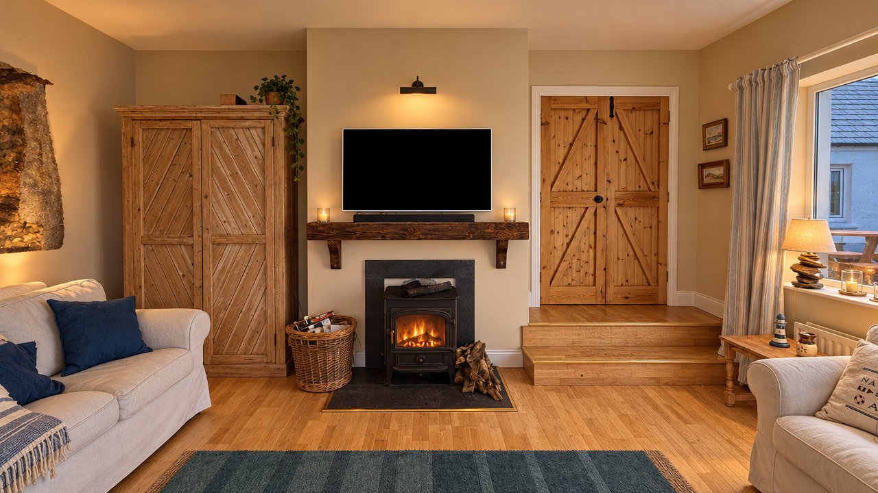 Sitting room fireplace with a lit wood-burning stove, timber mantel, TV and pine doors